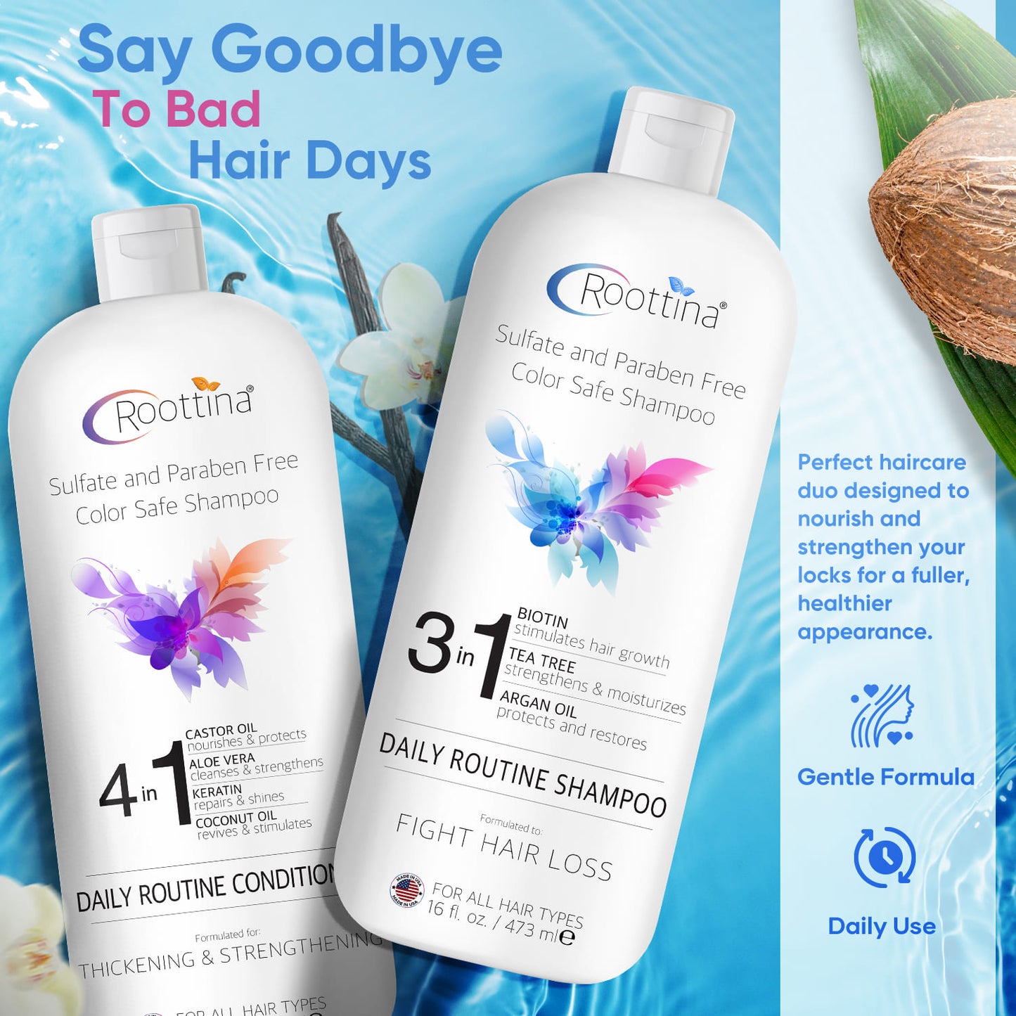 Roottina Daily Routine Shampoo and Conditioner for Women Hair Loss (16 fl oz x 2)